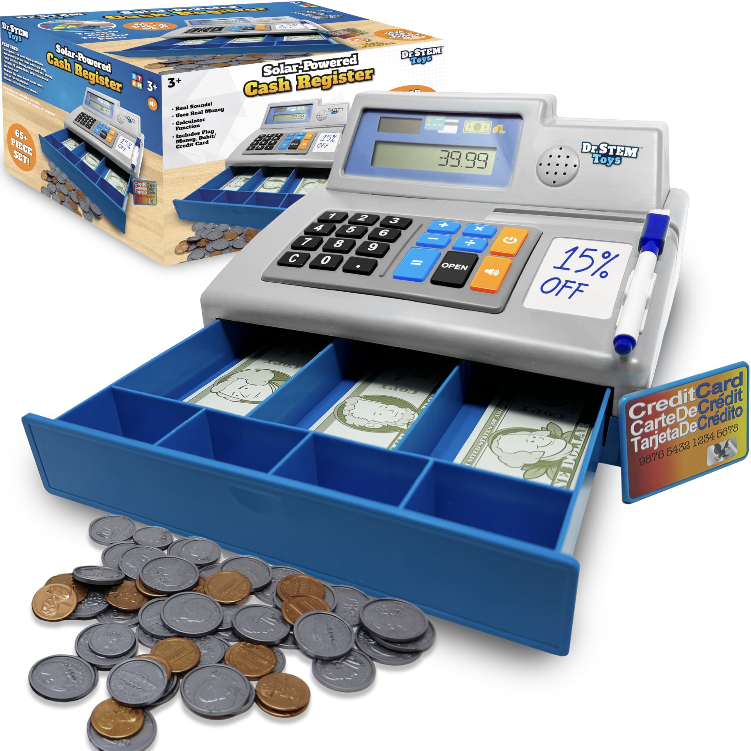 Dr. STEM Toys Solar Powered Calculator Pretend Cash Register with Play Money – 67-Piece Set for Learning Math Skills, STEM Cash Register for Kids (Gray)