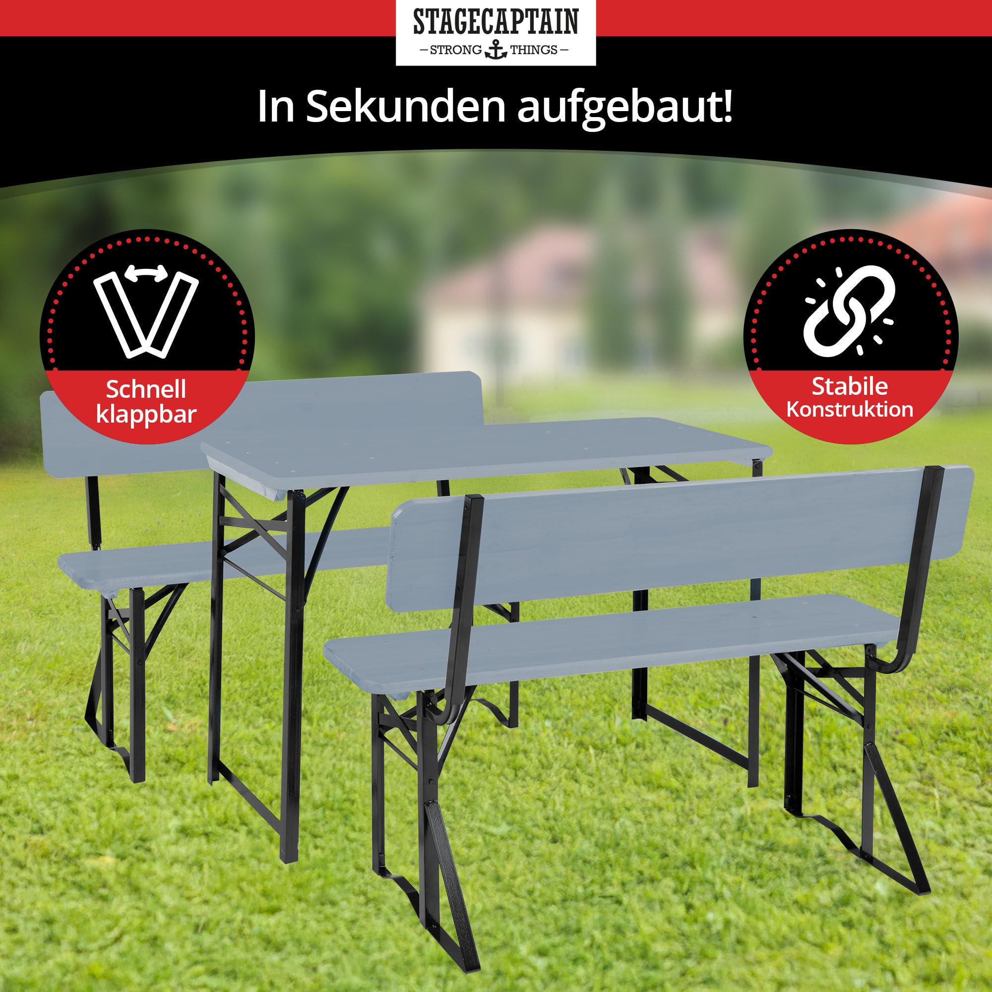 Stagecaptain BBDL-119 GY Hirschgarten Bierzeltgarnitur mit Lehne für Balkon 2X Set- Kurze Version mit 119 cm Länge - 2X Tisch, 4X Bank - Holz - klappbar - Natur