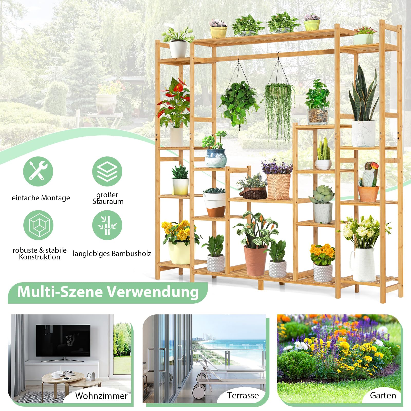 COSTWAY Pflanzenregal Bambus, Standregal mit 9 Ebenen, Raumteiler Blumenregal mit Hängegestell, Treppenregal Stufenregal Pflanzenständer, Bambusregal für Wohnzimmer Balkon, 167 x 30 x 166 cm