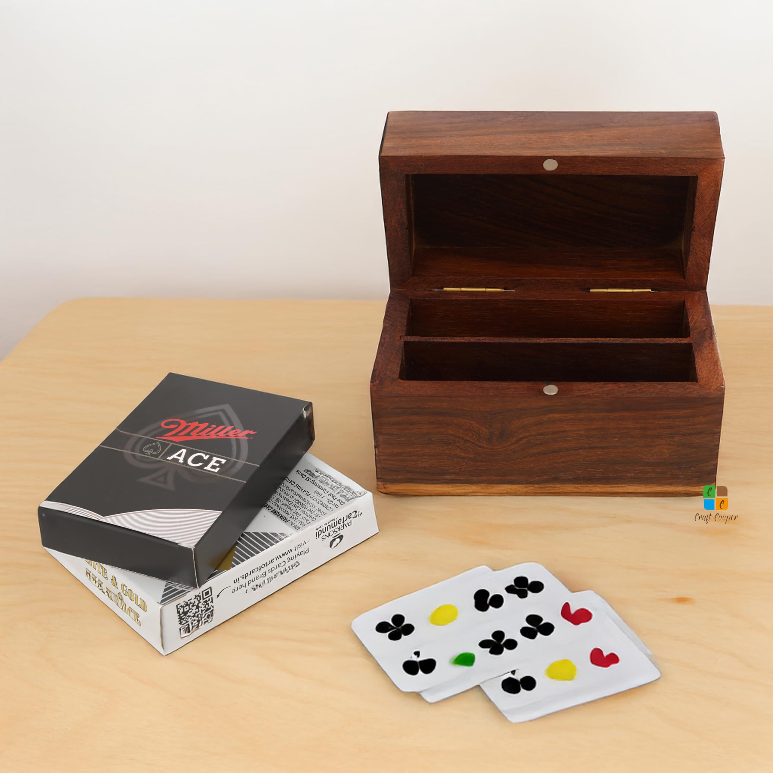 Craft Cooper || Unique Birthday Gift Ideas Handcrafted Classic Wooden Playing Card Holder Deck Box Storage Case Organizer (BROWN, 7x13x7cm) 4