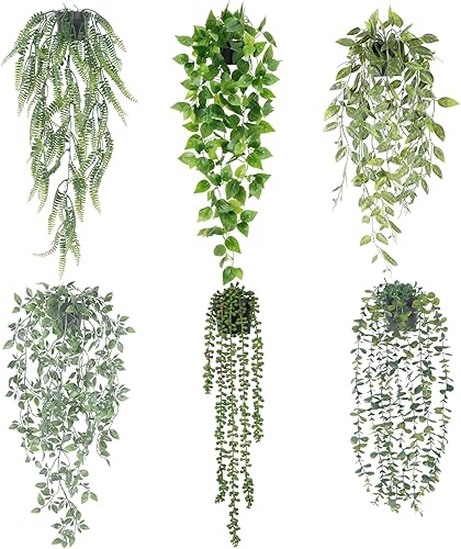 Miniatura 1 de CEWOR 6 plantas colgantes artificiales falsas, plantas colgantes de imitación en maceta, vid de eucalipto, hojas de bambú, potos, cadena de perlas,