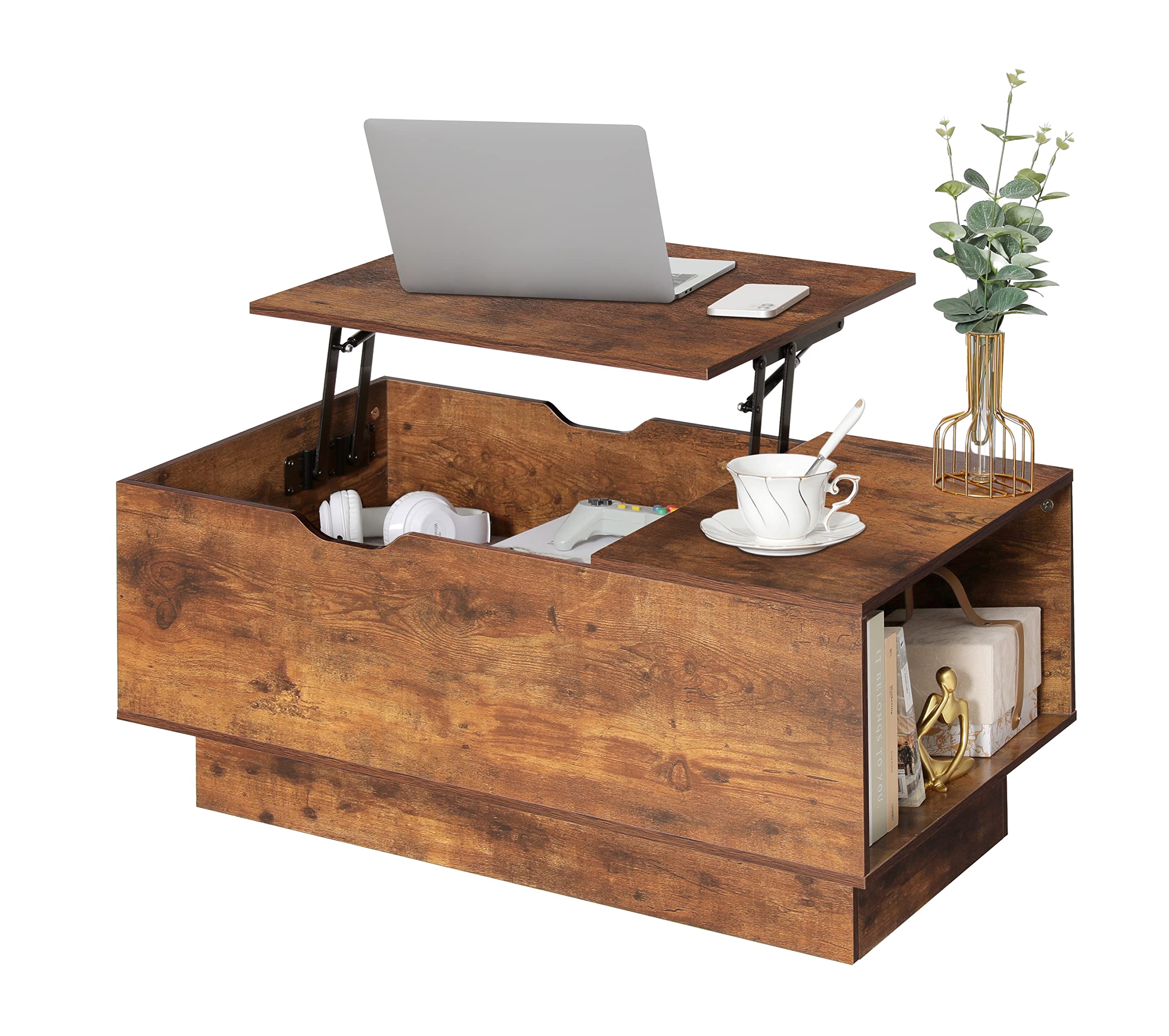 usikey Lift Top Coffee Table, Coffee Table with Large Hidden Compartment & Side Open Shelf, Modern Wooden Central Folding Table, Rising Tabletop Dining Table for Living Room, Office(Brown)