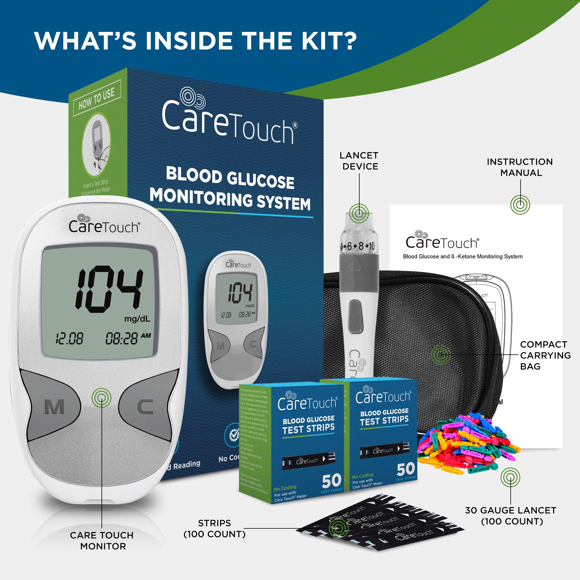 Care Touch Diabetes Testing Kit Blood Glucose Monitor Kit with 100