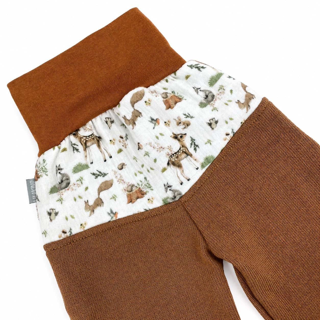Lilakind Strick Pumphose Kinder | Musselin mit Waldtier-Muster | Babyhose Kleinkindhose | 100% Baumwolle | Terra | Größen 74/80-104/110