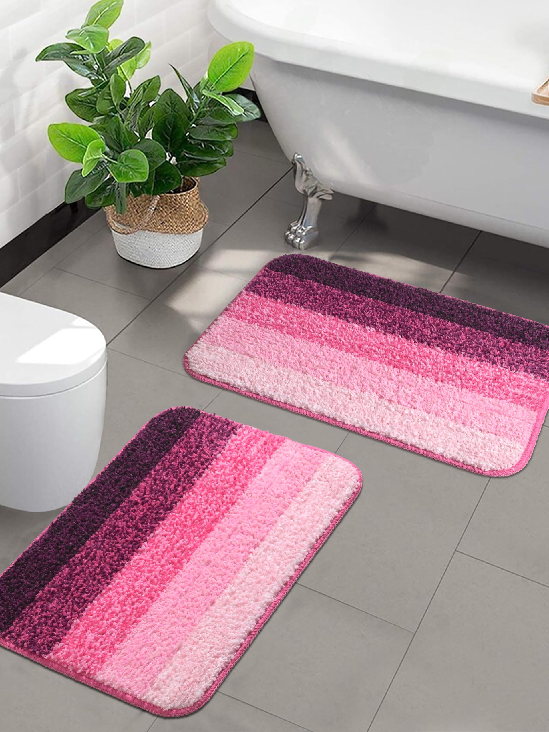 Saral Home Soft Microfiber Anti-Skid Rectangulat Striped Bathmat | Washable, Non-Slip & Quick-Drying Mats for Home/Kitchen | Soft & Super Absorbent Mats for Shower, Set of 2 (Pink, 38X50 CM)-picture-44