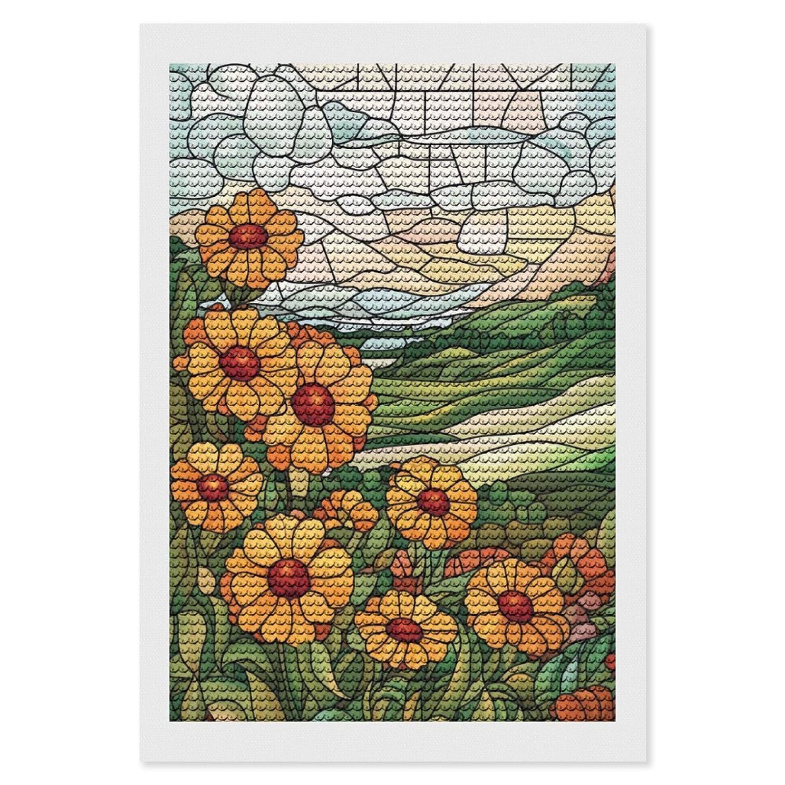 Junmoney Stained Glass Flowers & Landscape Diamond Art Canvas 8"x12", Full Kit Included, Bedroom Decor, for Beginners, Thoughtful Handmade Gift
