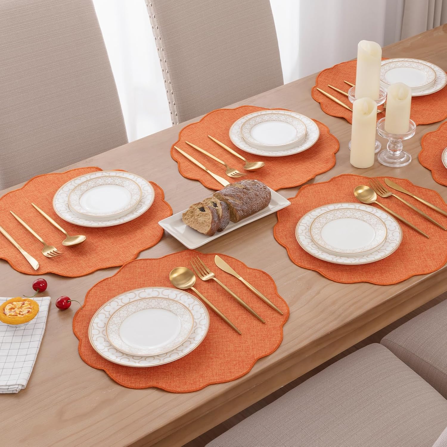 SHACOS Scalloped Round Placemats Set of 6 Polyester Linen Blend 15 inch Washable Non Slip Place Mats Heat Resistant Fall Autumn Table Mats for Kitchen Dining Table Decor, Orange