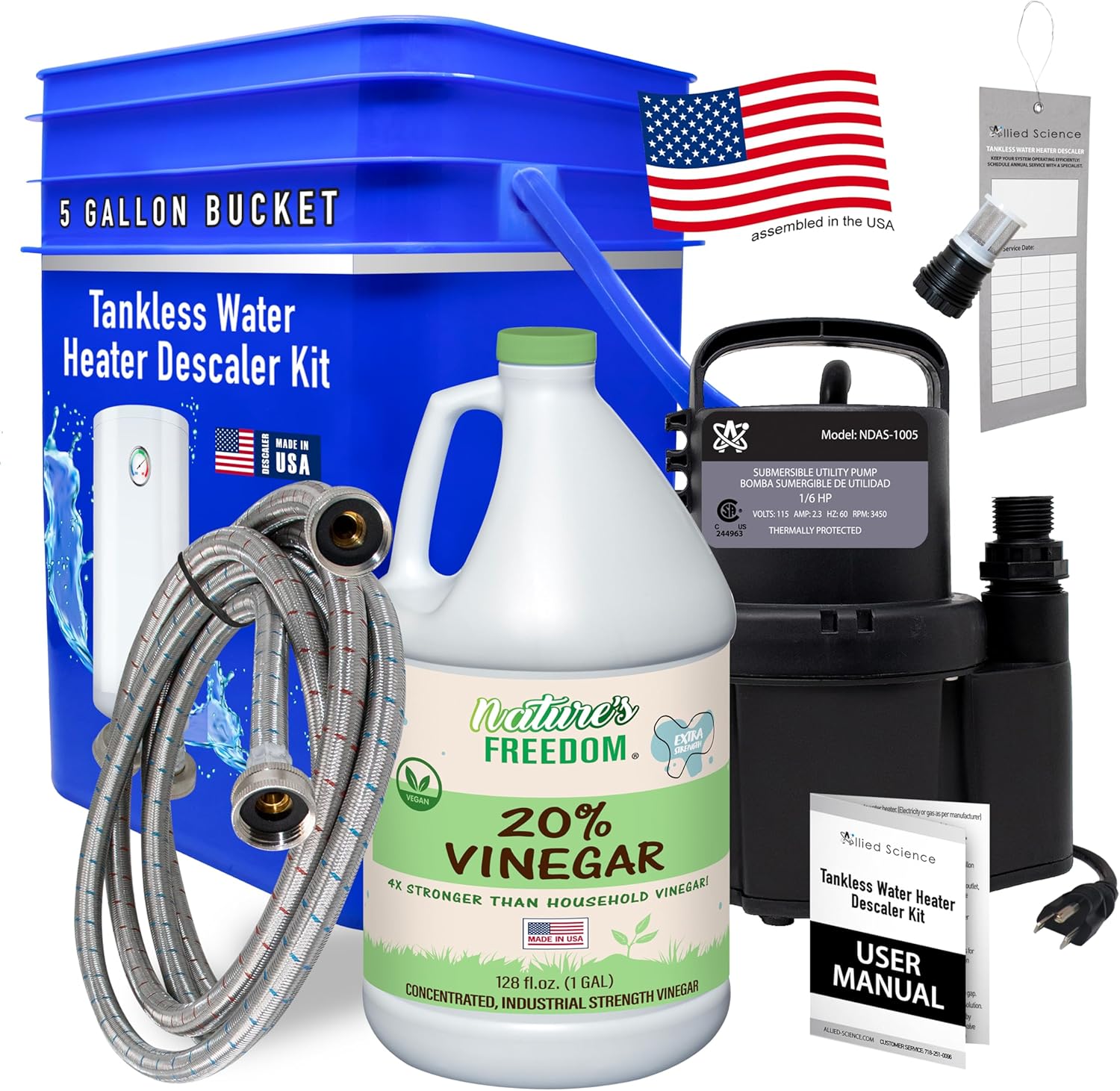 Tankless Water Heater Flushing Kit with Square 5-Gallon Bucket, Steel Hoses, 1/6 HP Pump, and Concentrated Vinegar Incomplete