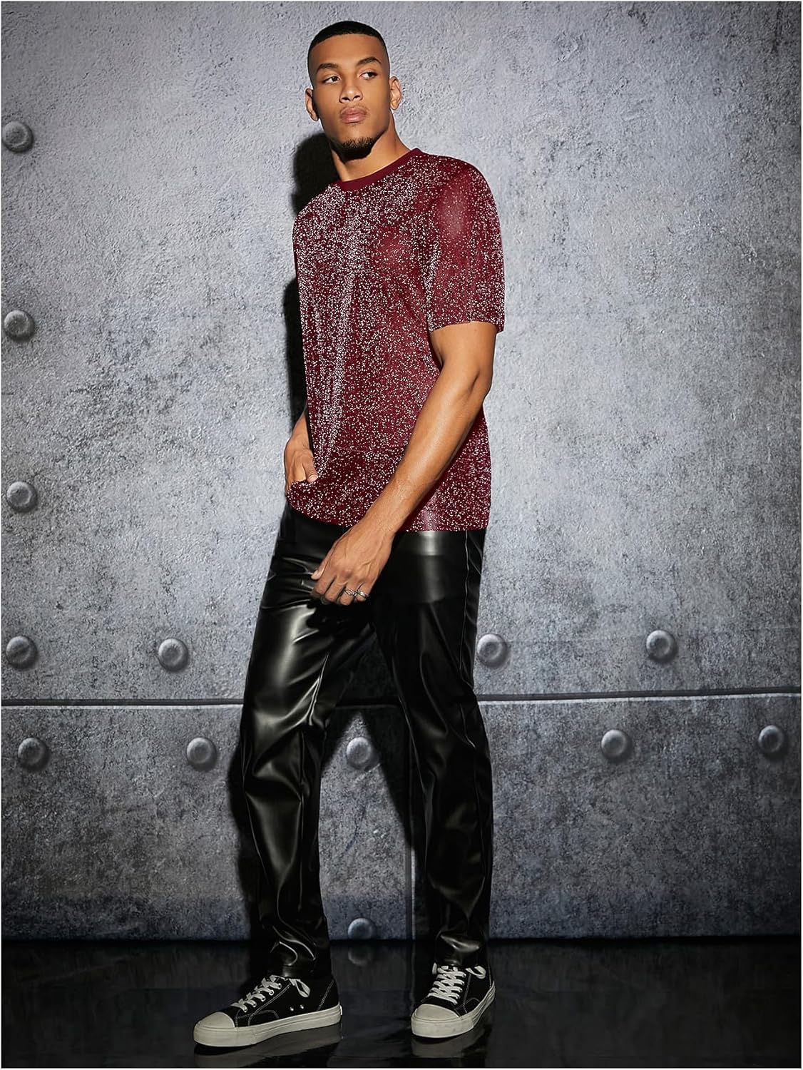 WDIRARA Men's Glitter Mesh Sheer T Shirt Rave See Through Shirt Short Sleeve Top Tee - Image 6