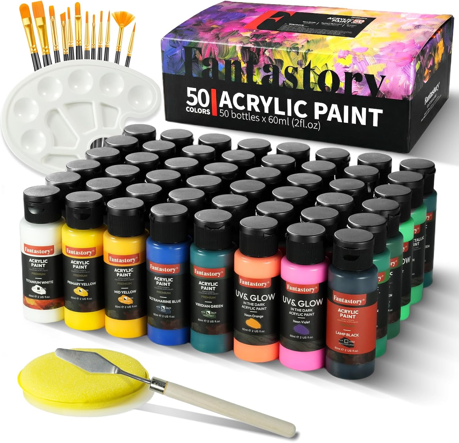 Fantastory Acrylic Paint Set, 50 Colors (2oz/60ml) with 15-Piece Accessory Kit (12 Brushes, Palette, Scraper, Sponge) – Includes 6 Glow-in-the-Dark & 6 Metallic Colors. Non-toxic & waterproof paint for wood, pumpkin, rock, canvas, clay. Perfect for artists, DIY crafts & 3D printing.