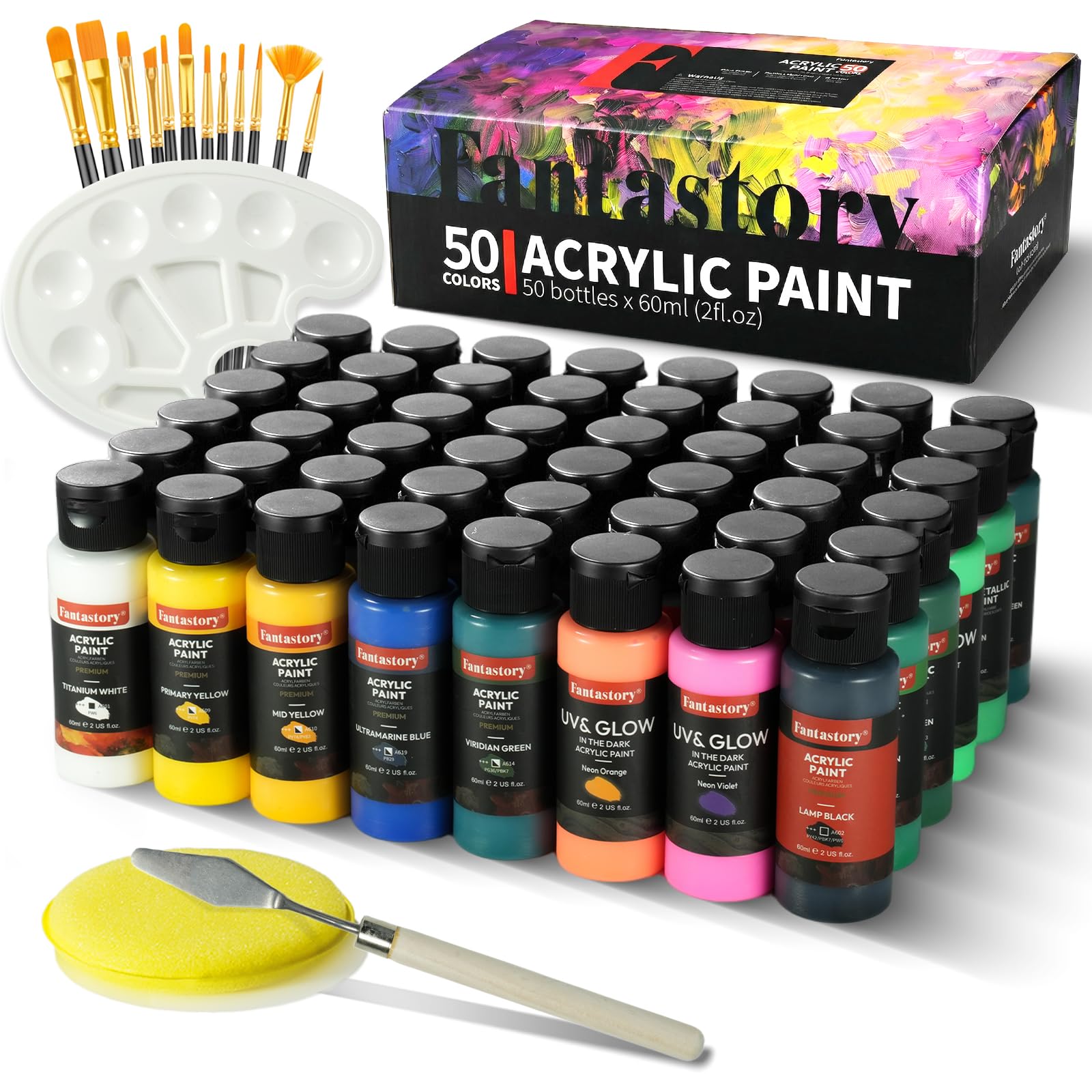 Fantastory Set di colori acrilici, 50 bottiglie da 60 ml + 10 pennelli, impermeabile, non sbiadisce, non tossico, per tela, legno, ceramica, modelli, principianti, studenti d'arte, hobbistica