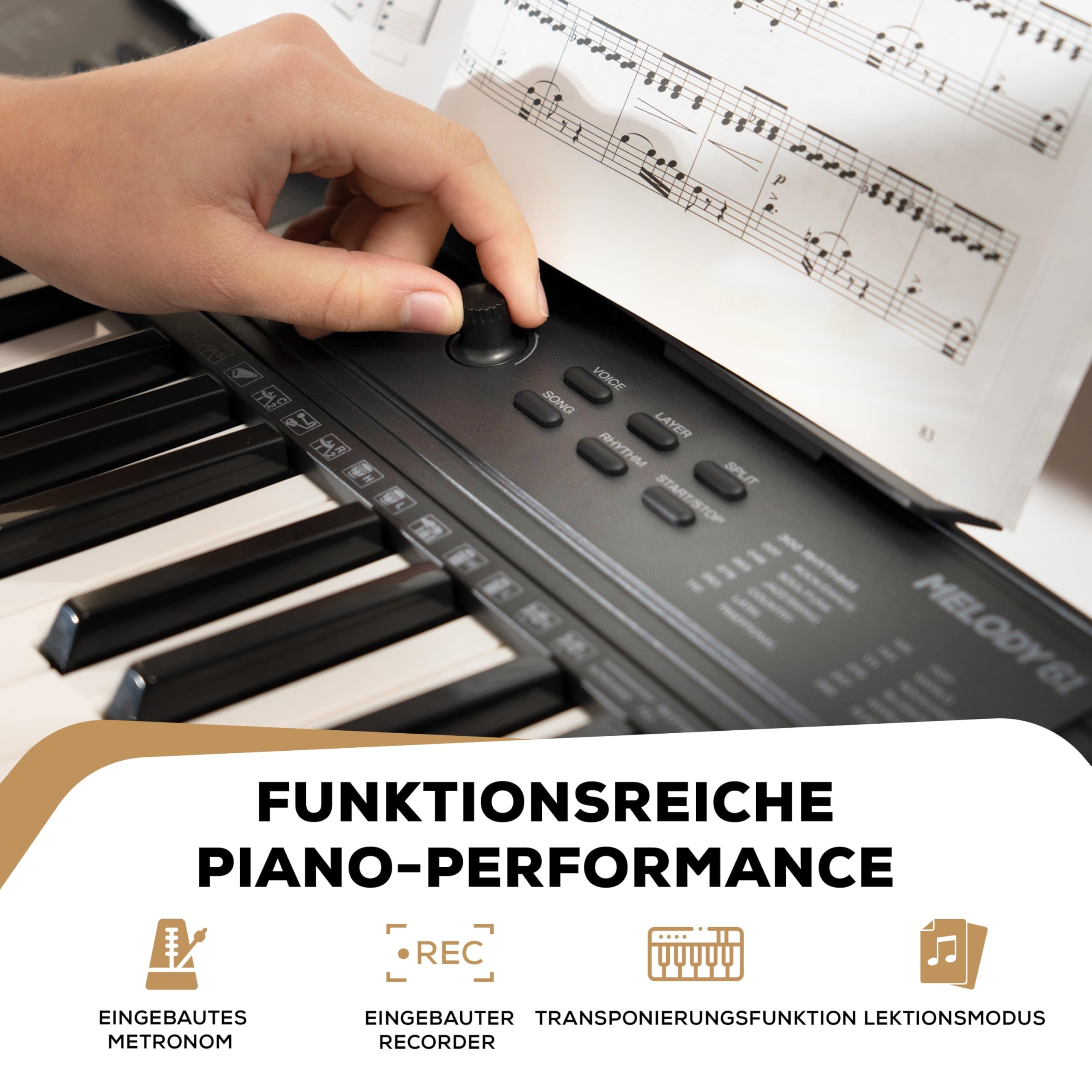 Alesis Melody 61 Keyboard Piano für Einsteiger mit 61 Tasten, Lautsprechern, Tablet-/Notenablage, 300 Sounds und Musiklektionen