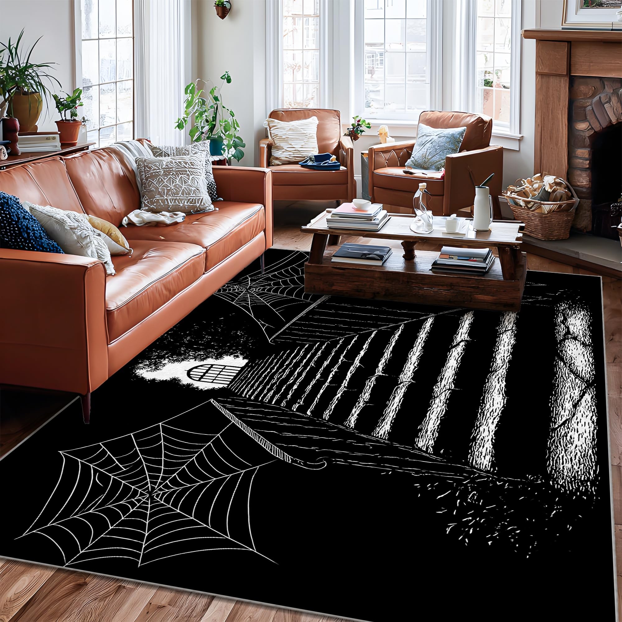 Tappeto a ragnatela di Halloween, stile gotico, scale, cancello, Halloween, nero, a pelo basso, per casa, interni, non perde pelo, per soggiorno, camera da letto, sotto il tavolo, decorazione da