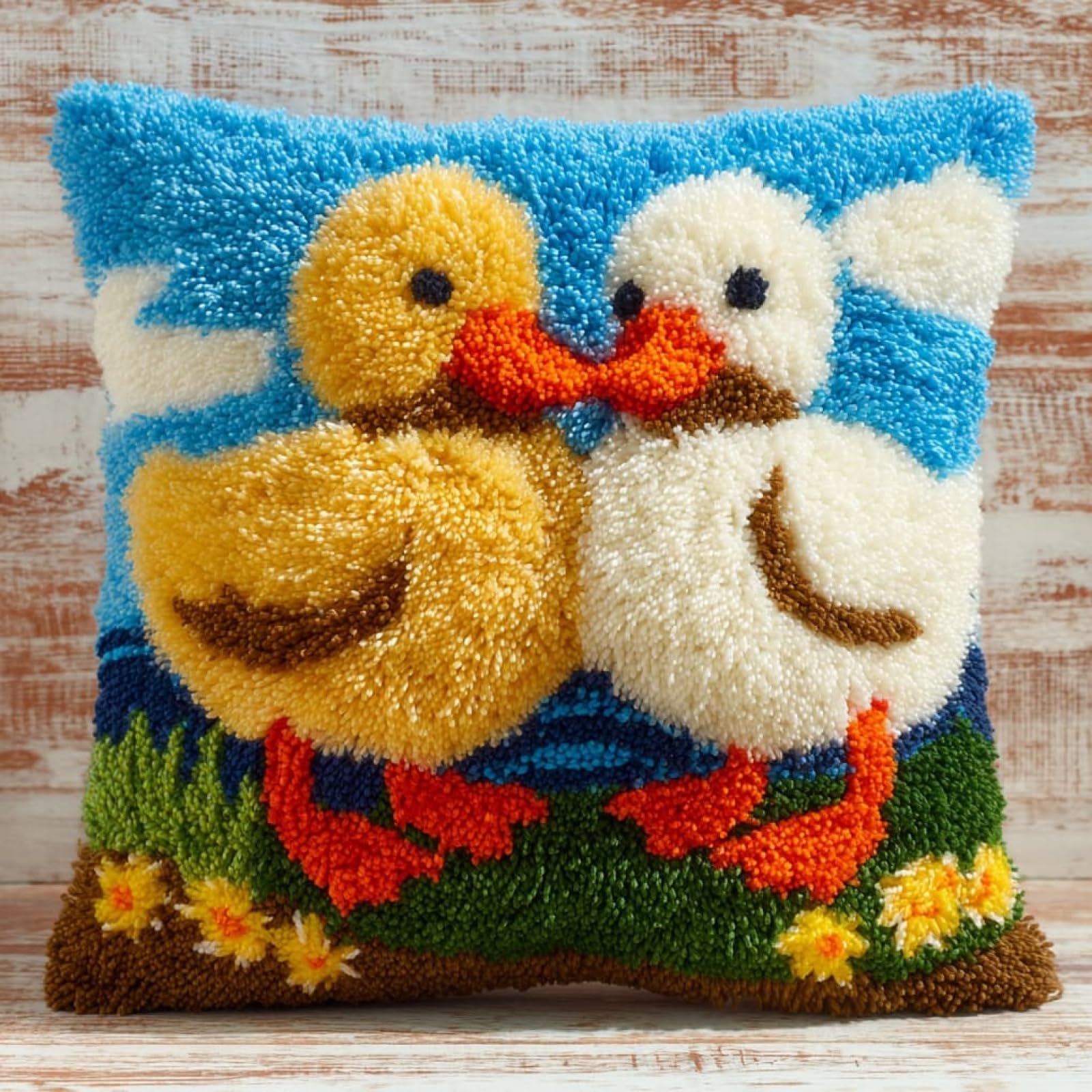 Henypt Latch Hook Embroidery Kit,Two Ducks 43x43cm Sofa Cushion Cover Making Set,Beginner Friendly Craft Kit for Adults,Handmade Gifts