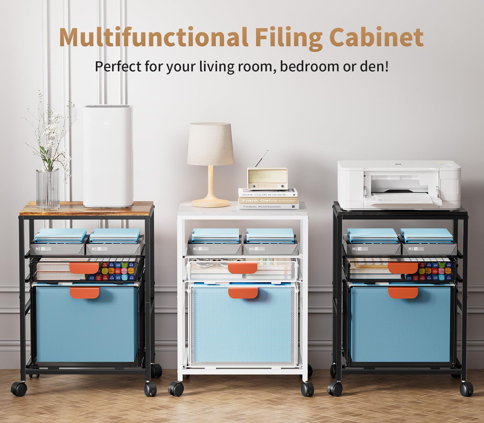 Marbrasse Soporte para Impresora con Almacenamiento,Carrito Grande con Ruedas,Mueble Organizador para Archivador con Cajones,Carrito para Impresora 3D,Teléfono Móvil,Oficina en Casa(Negro)