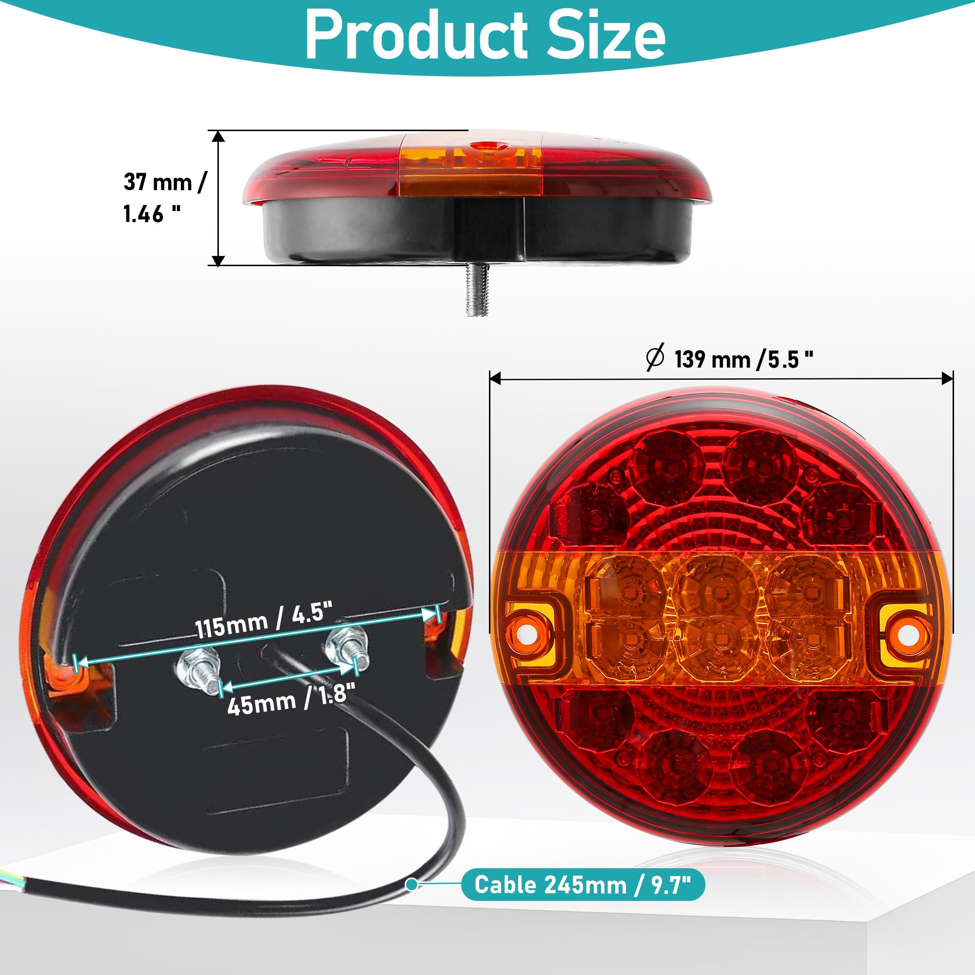 2 x Fanali Posteriori Rimorchio LED Rotondo - IP67 Impermeabile, 12V/24V Universale, Alta Luminosità, Omologati ECE - Per Rimorchio Agricolo Nautico, Camion, Barca