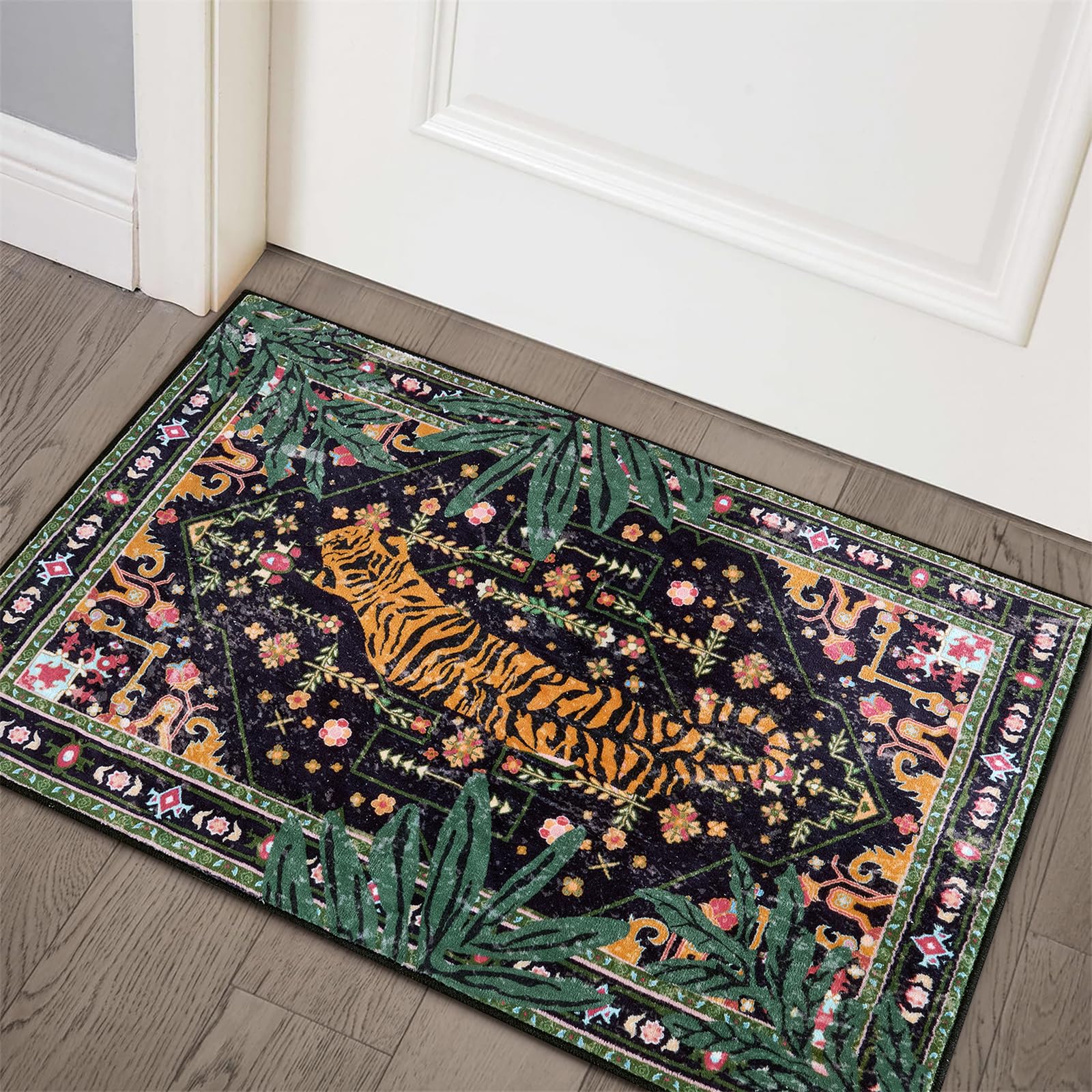 Aldopein Oriental Tropical Entryway Rugs Washable Thin Black Boho Vintage Distressed Hippie 2x3 Throw Rugs for Bathroom Kitchen