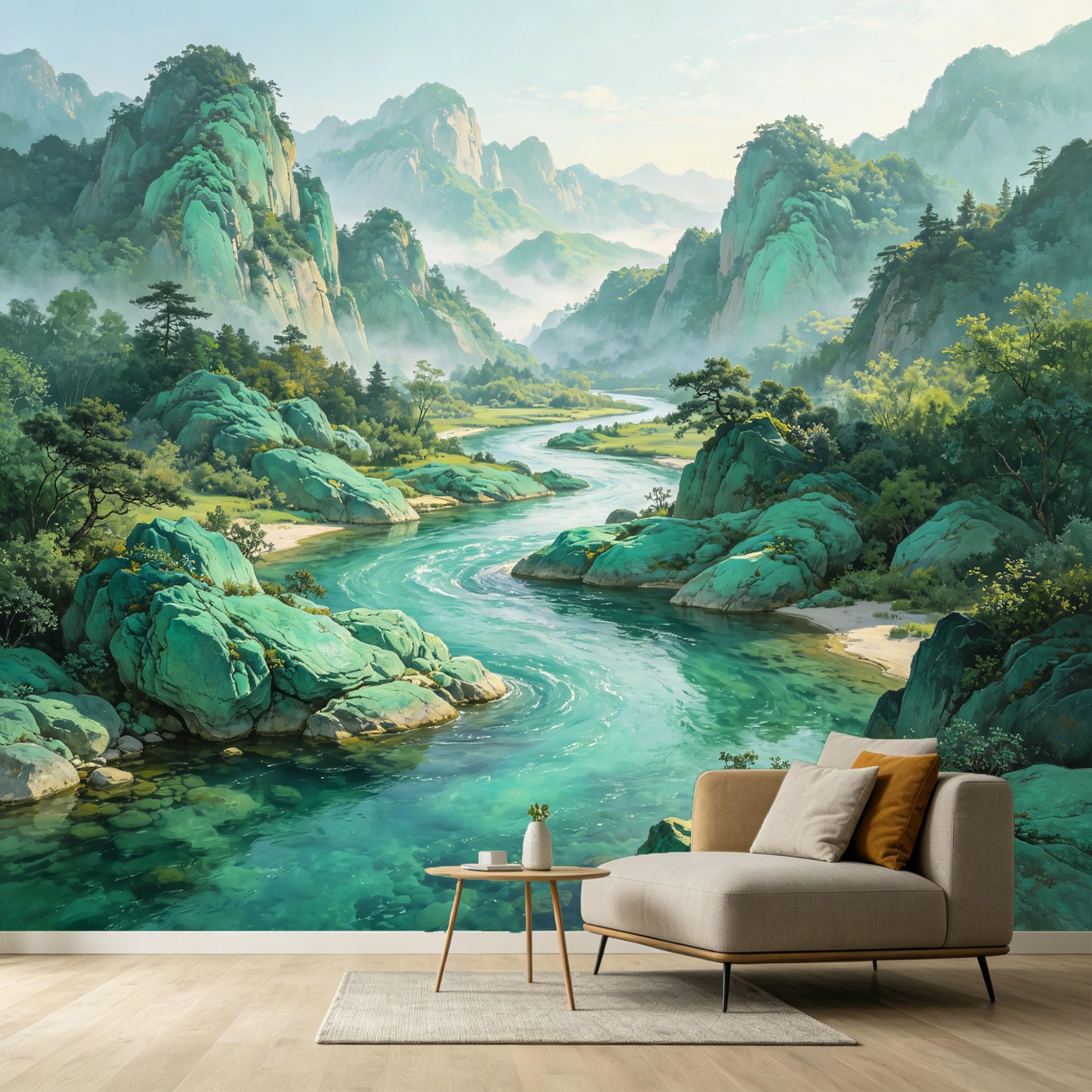 Custom Size Wall Murals Mountain Lake Landscape Oil Painting River Valley Peak SelfAdhesive Wall Fabric Removable Large Wallpaper Photo for Living Room Decoration