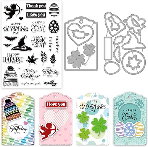 Miniatura 8 de INFUNLY Juego de troqueles y sellos enanos de Halloween, sellos y troqueles transparentes de gnomo para hacer tarjetas, sellos de goma enanos