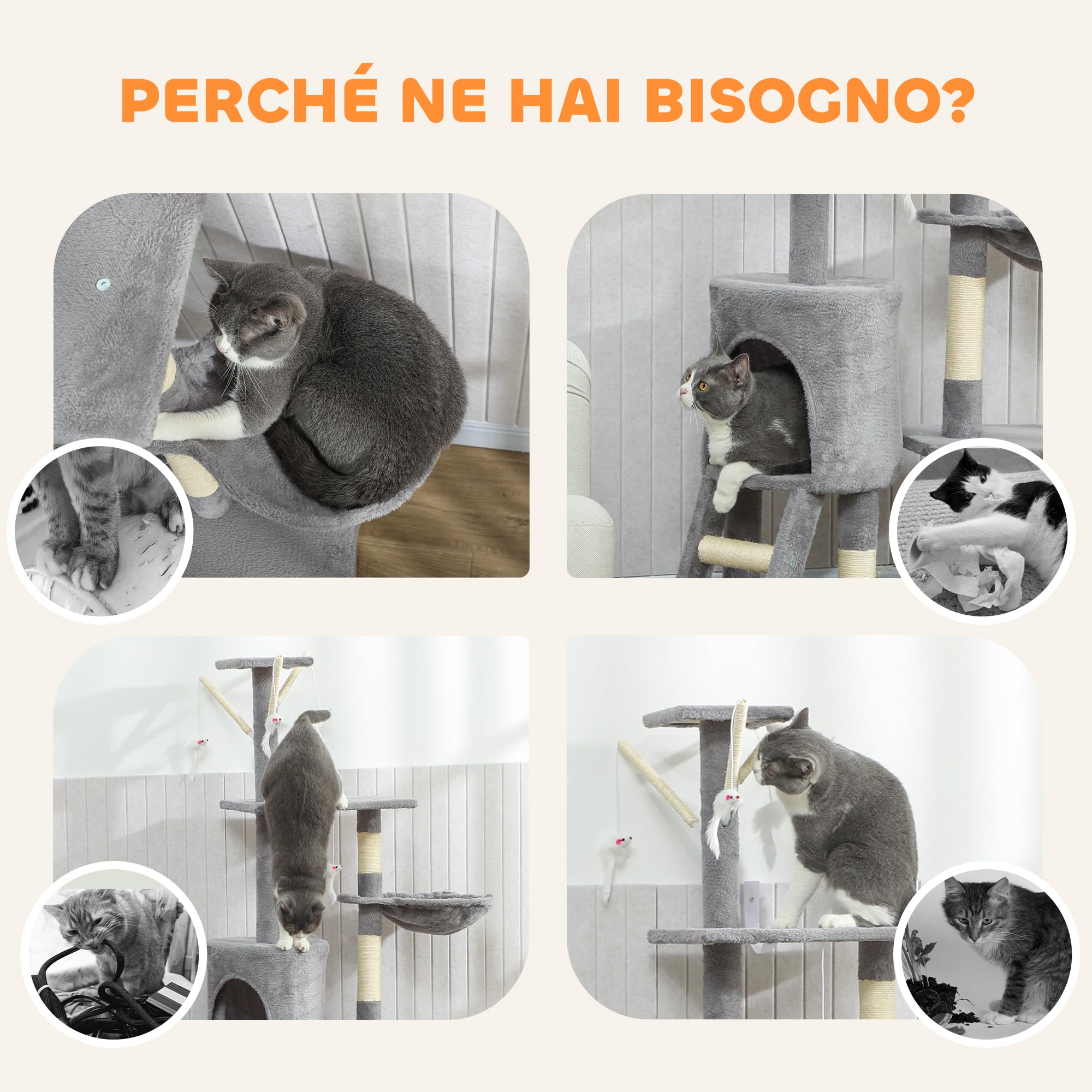 PawHut Tiragraffi per Gatti con Casetta e Trespolo 60x35x134 cm Grigio | Piattaforme, 4 Topolini Appesi, Torre per Gatti, Truciolato, Peluche, Sisal