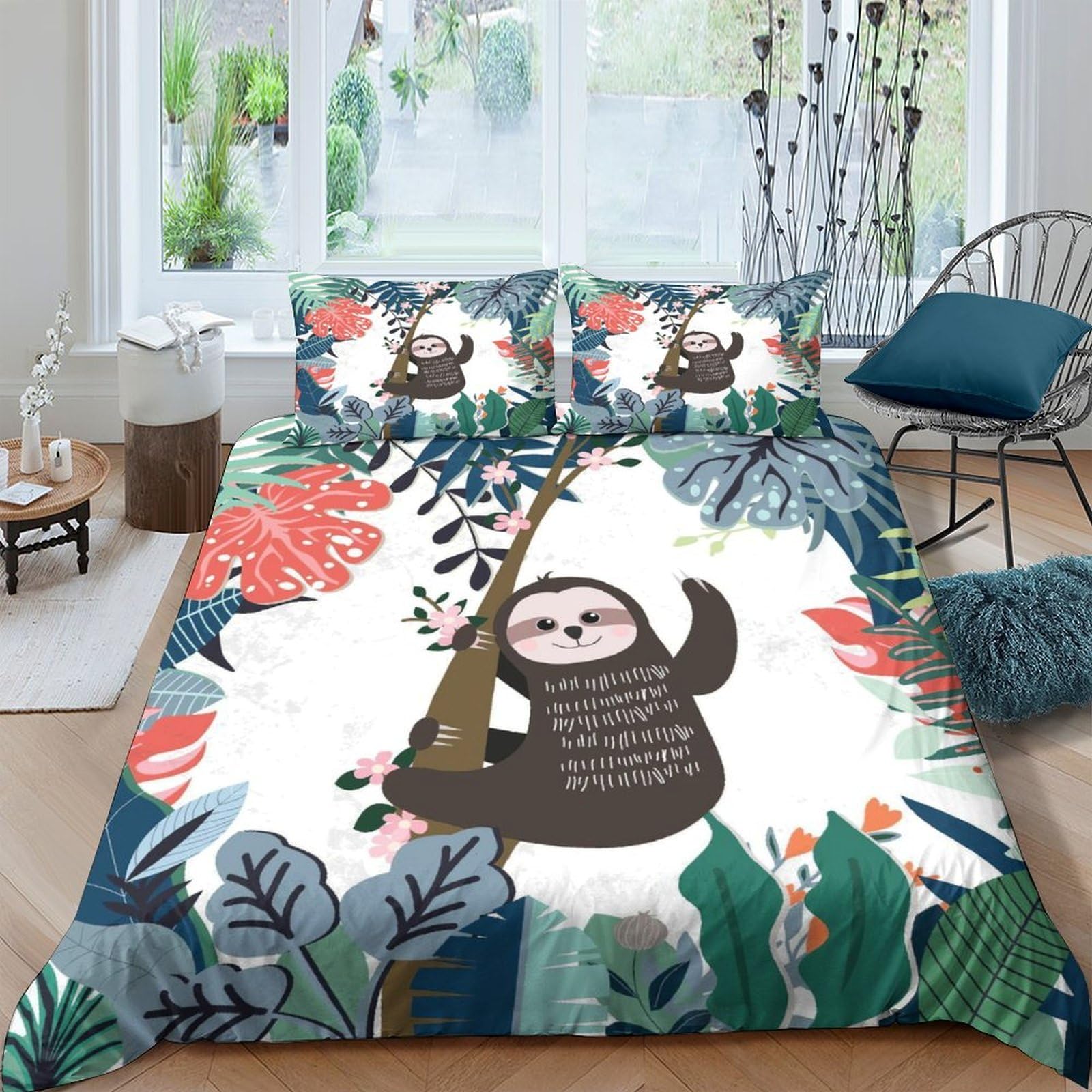 Ctjqhvkz Style-4 3D Printed Cartoon Sloth Fitted Sheet Microfiber Soft Breathable Tropical Leaves Mattress Cover For Bedroom Guest Room Decor Single（135X200cm）