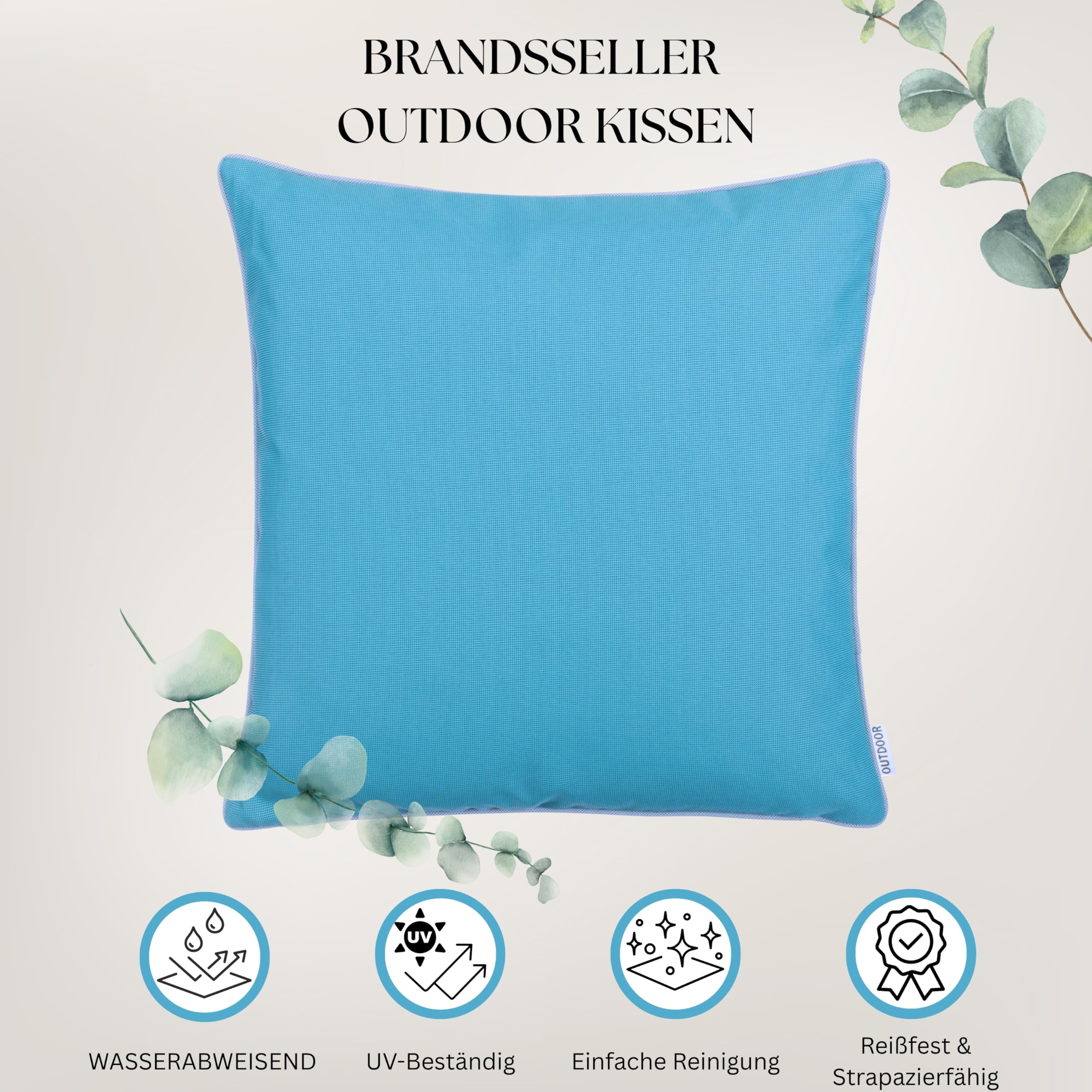 Brandsseller Set de 2 Cojines de Exterior 45x45 cm – Cojines Decorativos Impermeables con Ribete – Resistentes a la Intemperie para Jardín, Sofá, Balcón y Terraza – Azul Agua