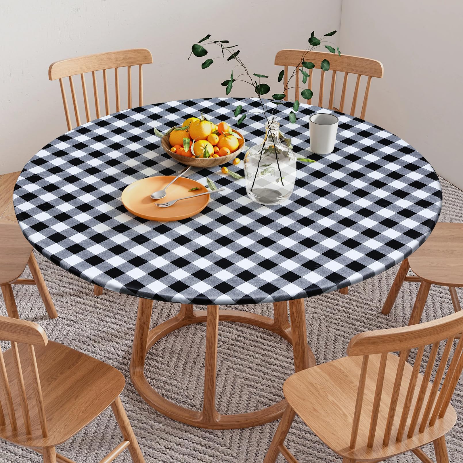 Ausurme White And Black 60 Inch Round Fitted Vinyl Tablecloth, Black And White Checkered Waterproof Elastic Table Cover With Flannel Backing, Wipeable Picnic Tablecloth For Indoor/Outdoor Use