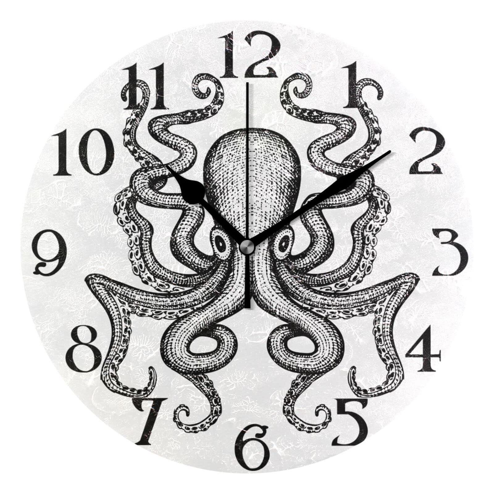 Large Wall Clocks, Giant Octopus Sea Monster Non Ticking 25cm Clock Silent Clocks Atomic Analog Clocks Living Room Kitchen Bedroom Office Home Decor Easy to Read