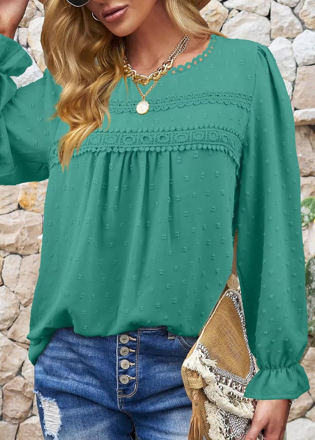 Womens Boho Tops Long Sleeve Shirts For Women Cute Crewneck Blouse Dressy Casual Swiss Dot Crochet Hollow Top 2026 - Image 5