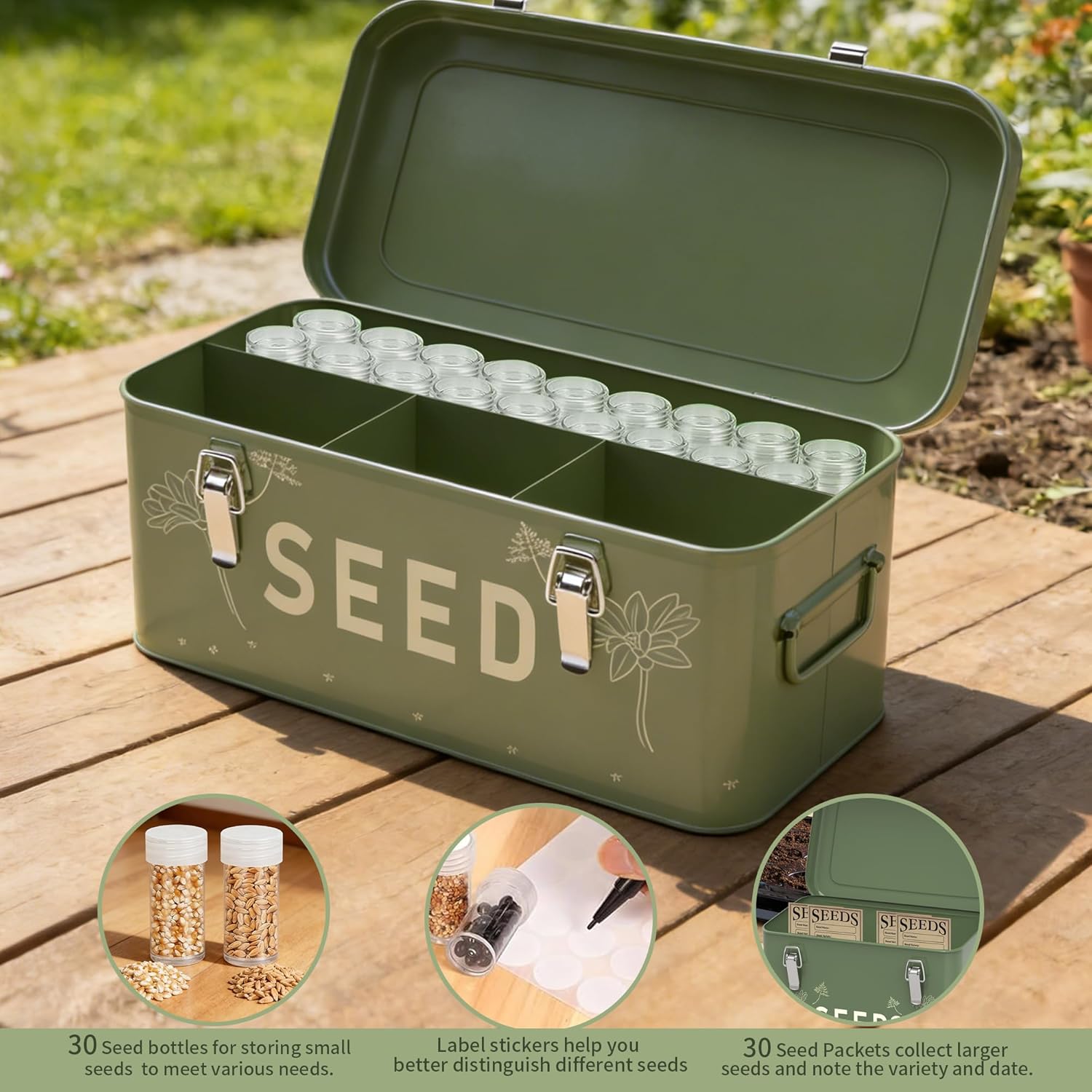 Orionstar Seed Storage Organizer, Metal Seed Saving Box with Lid, 30 Slots, 4 Compartments with Safety Locks, Includes 30 Seed Envelopes, Marker Pen, Label Sticker, Blackish Green - Image 5