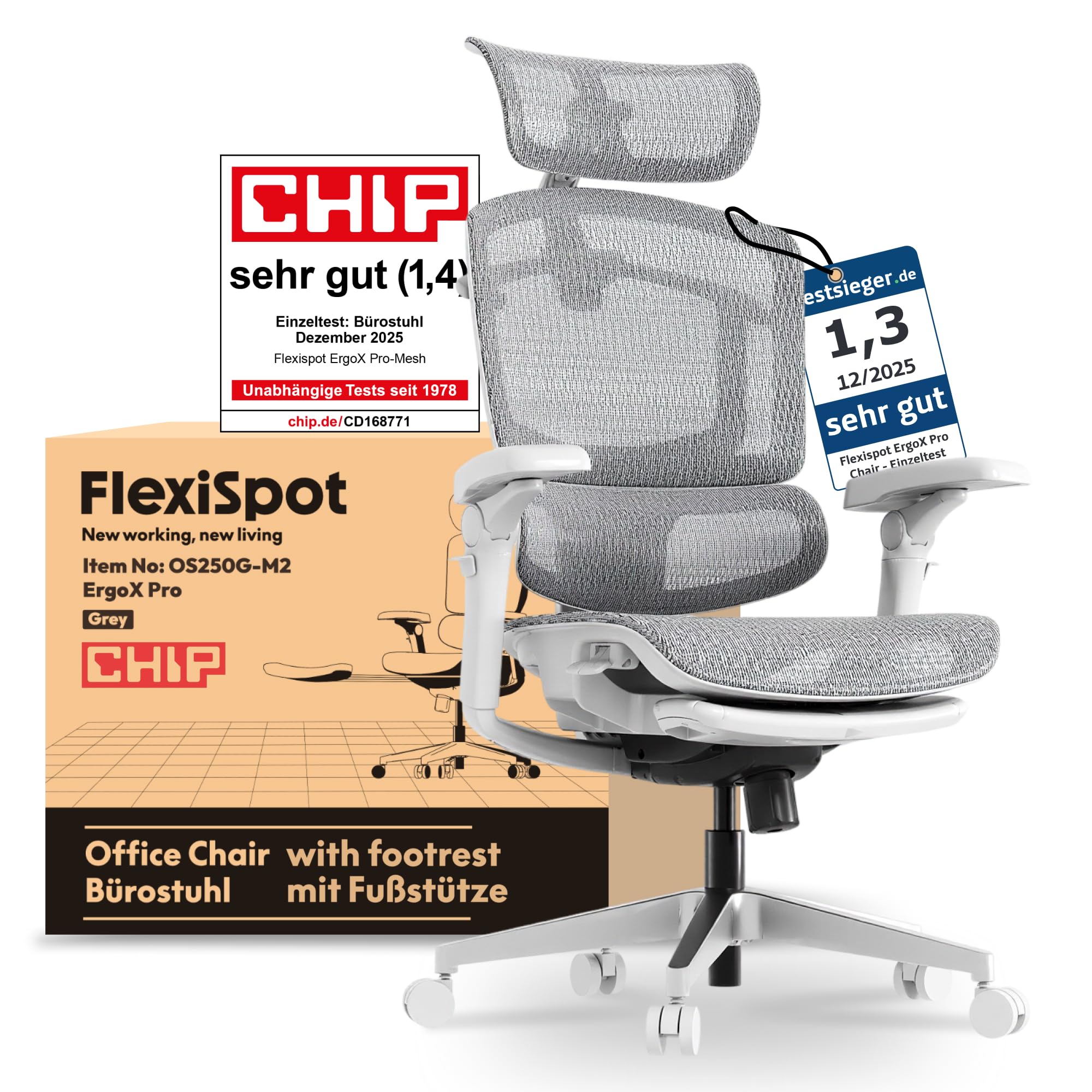 FLEXISPOT ErgoX Pro Ergonomischer Bürostuhl mit ausziehbarer Fußstütze, 12-stufiger Höhenverstellung, 7D-Armlehnen, 5D-Lendenstütze, 4D-Kopfstütze, 250 kg Belastbarkeit Netzsitz (Grau)