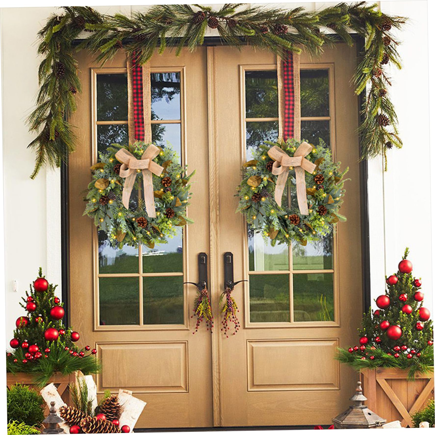 Couronne Artificielle, Couronne de Noël avec des lumières LED, Noël Suspendu de 18 Pouces avec Grand Arc, pinone, Feuilles pour la Porte d'entrée décor Vacances