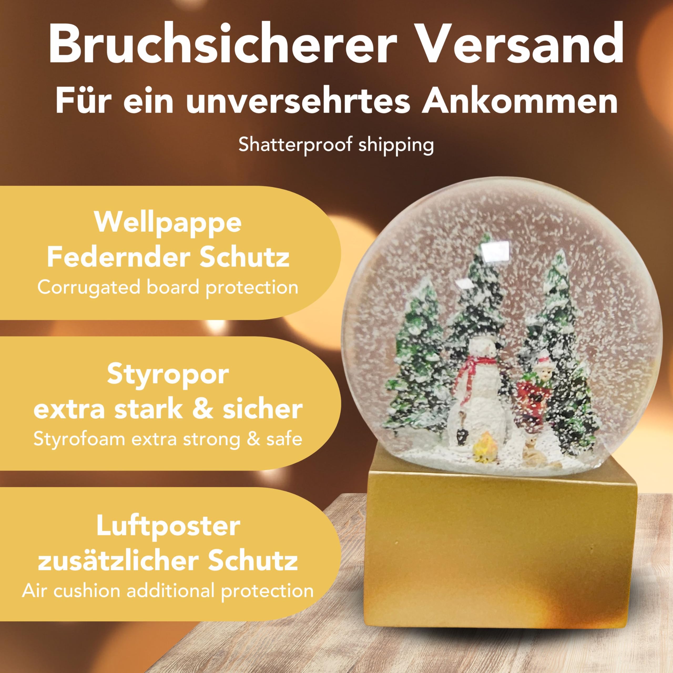 Weihnachts-Schneekugel Winterstimmung | Schneemann Steht mit Kind auf Schlitten | Sockel Farbe Gold | 100mm breit, 120mm hoch | Bezaubernde Schüttelkugel | Weihnachtsdekoration | 20238