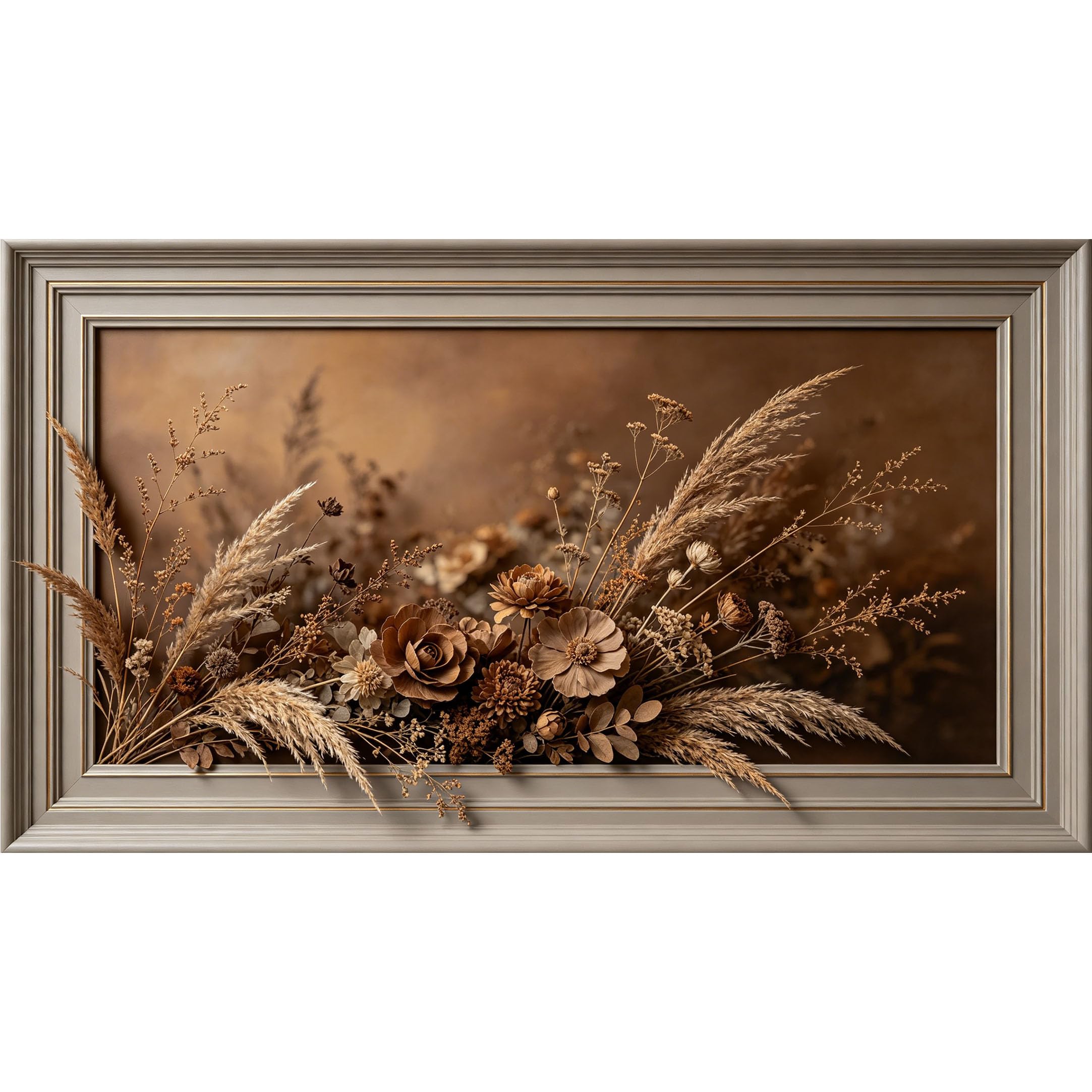 QZLITHOTIC 50x90cm3D Framed Wall Art， Botanical Dried Floral Arrangement Neutral Rustic Texture Self‑Adhesive Mural， Water‑Activated Peel & Stick Fabric Decor Wall Decal for Bedroom Living Room