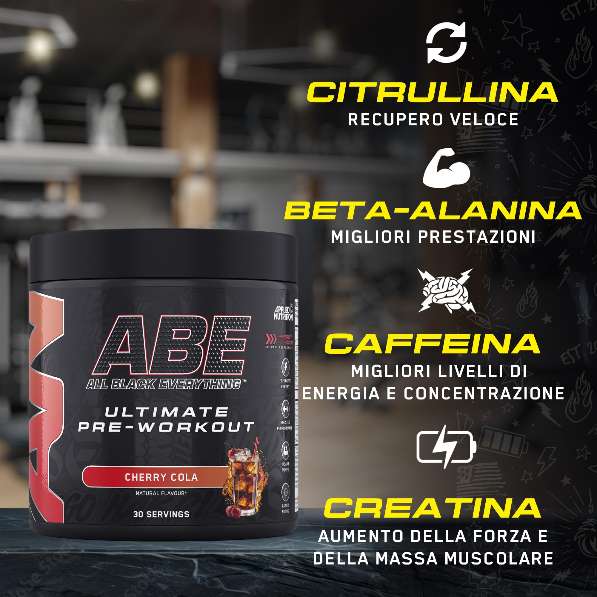 Applied Nutrition ABE All Black Everything Pre Workout Powder Energy, Performance fisica con citrullina, creatina, beta alanina, caffeina, Vitamina B complex, 315 gr, 30 porzioni (Strawberry Mojito)