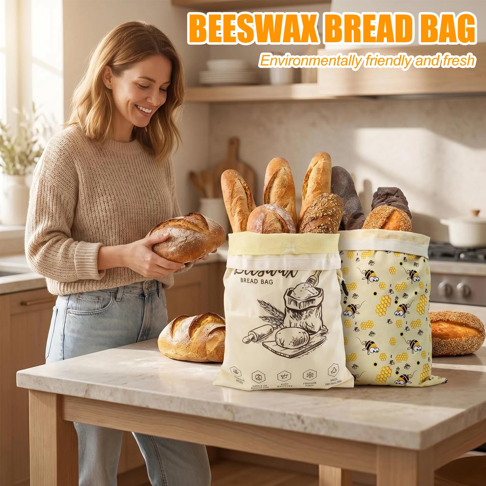 2 Pezzi Sacchetto per Pane in Cera d'Api Naturale ,Sacchetti di Cotone Riutilizzabili Extra Grandi,Sacchetti di Cotone Riutilizzabili Lavabili, per mantenere il pane e i prodotti da forno 32 × 43 cm