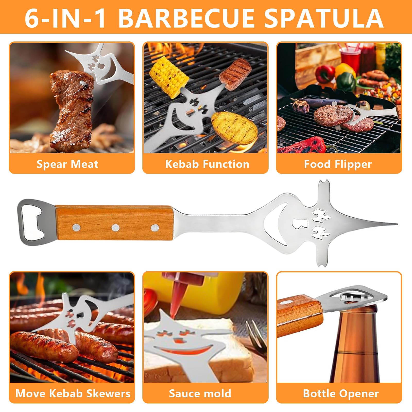 2 Pièces Spatule Barbecue, Spatule Barbecue 8 en 1 en Acier Inoxydable avec Manche en Bois pour Picnics et Outdoor
