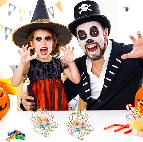 Miniatura 5 de Veemoon 5 cajas de dulces de carruaje de calabaza, calabaza de Halloween, caja de dulces de alambre dorado, carruaje decorativo de mesa para