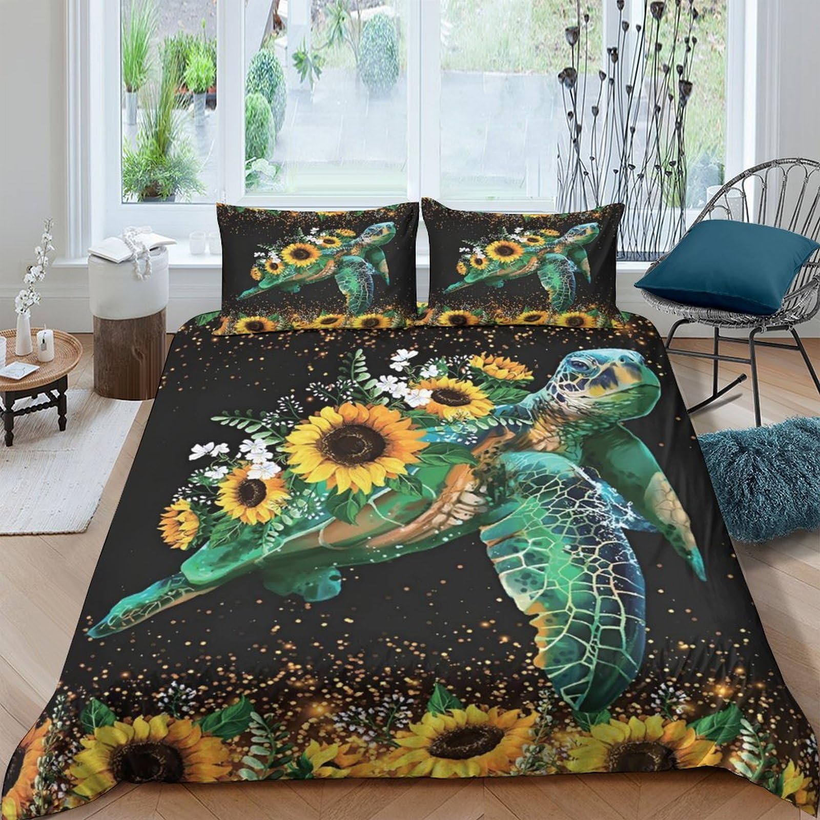 Ctjqhvkz Style-9 3D Printed Sunflower Sea Turtle Fitted Sheet Microfiber Anti-Slip Bed Sheet For Bedroom Dorm Mattress Decor Single（135X200cm）