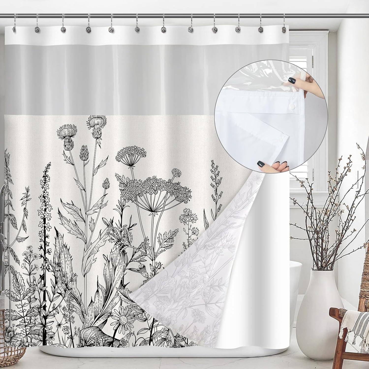 Cream and Black Floral Shower Curtain with Snapin Fabric Liner, Flower Shower