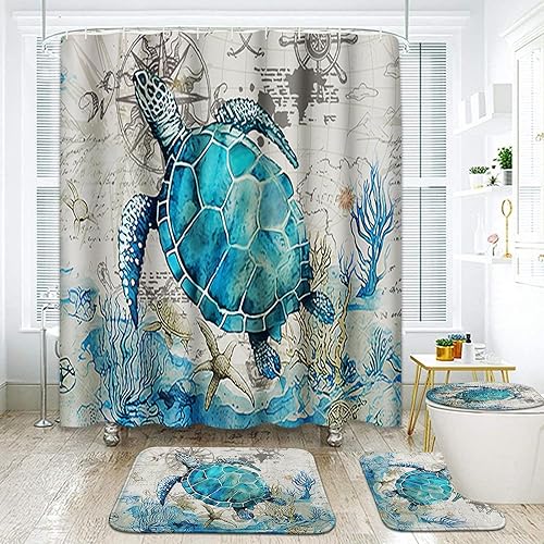 Juego de baño azul marino con cortina de ducha y alfombras y accesorios, juego de cortinas de ducha de tortuga, cortinas de ducha azules y grises
