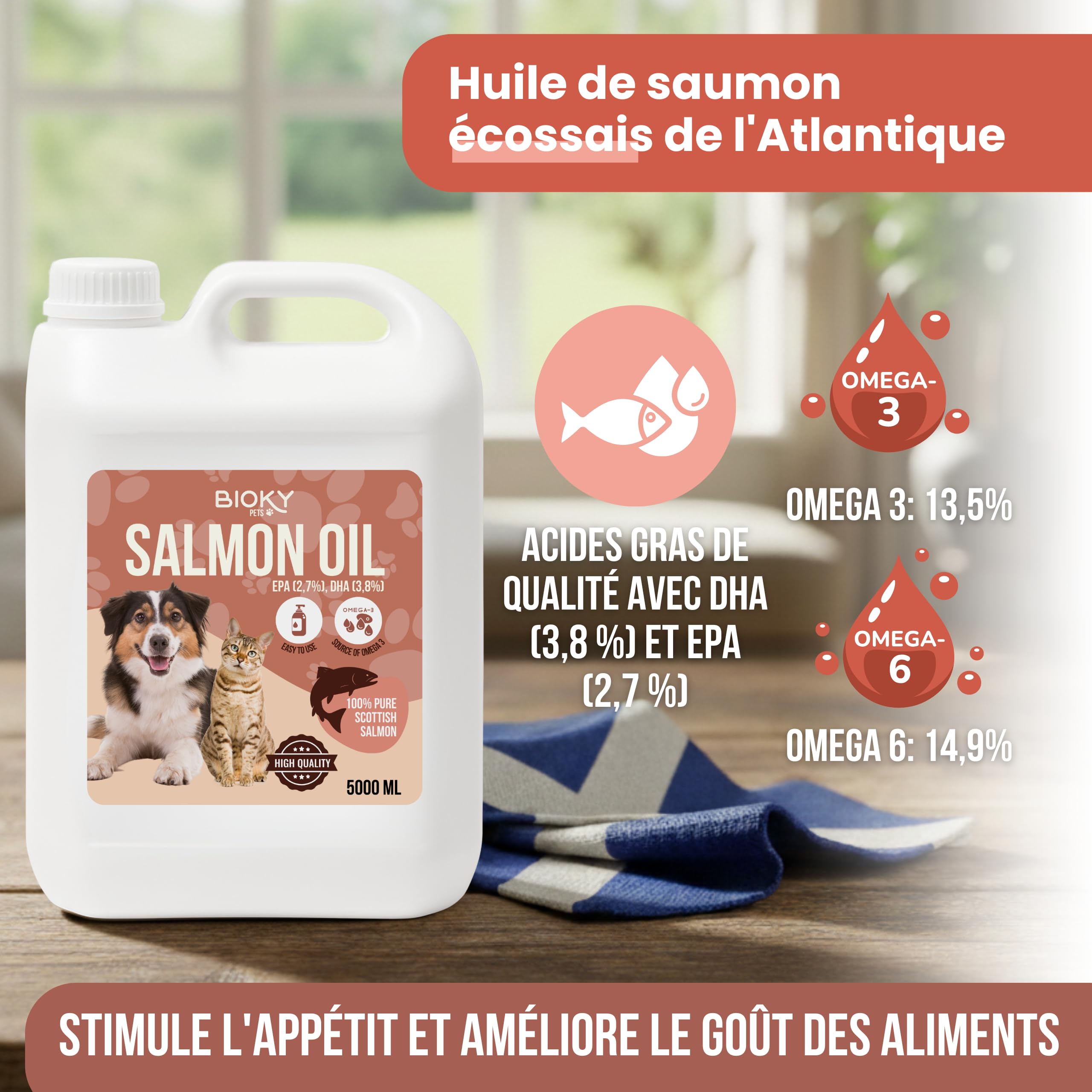 Huile de Saumon : Chiens et Chats 5 L – Source d'Oméga 3 et 6 – EPA et DHA – Complément Alimentaire Haut de Gamme à Base d'Acides Gras et de Vitamine E – Origine : Écosse