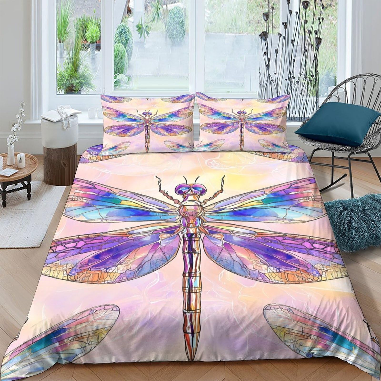 Ctjqhvkz Style-9 3D Printed Colorful Dragonfly Fitted Sheet Microfiber Soft Pastel Insect Bed Cover For Bedroom Dorm Easy Care Single（135X200cm）