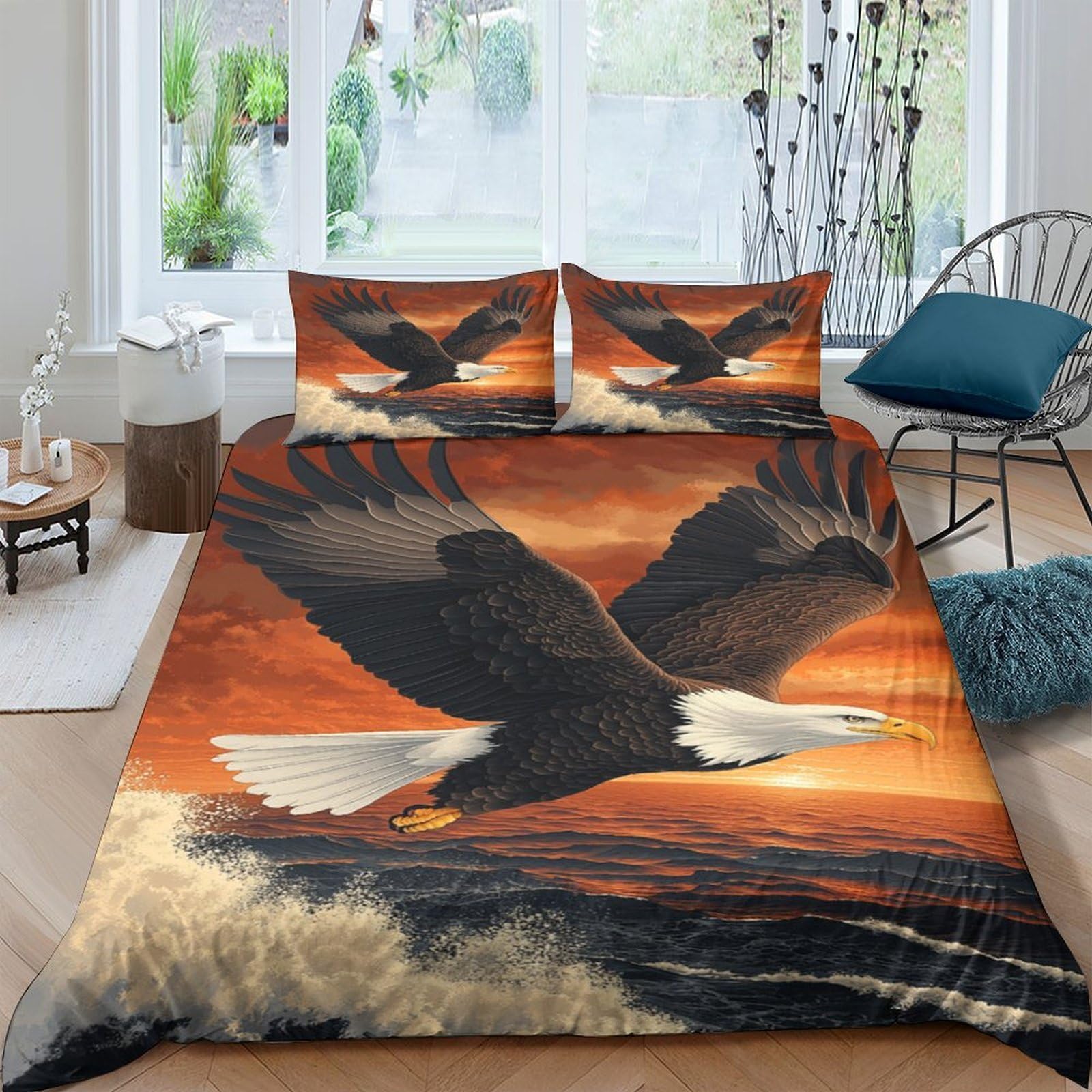 Ctjqhvkz Style-1 3D Printed Eagle Sunset Fitted Sheet Microfiber Soft Breathable Ocean Waves Mattress Cover For Bedroom Decor Single（135X200cm）