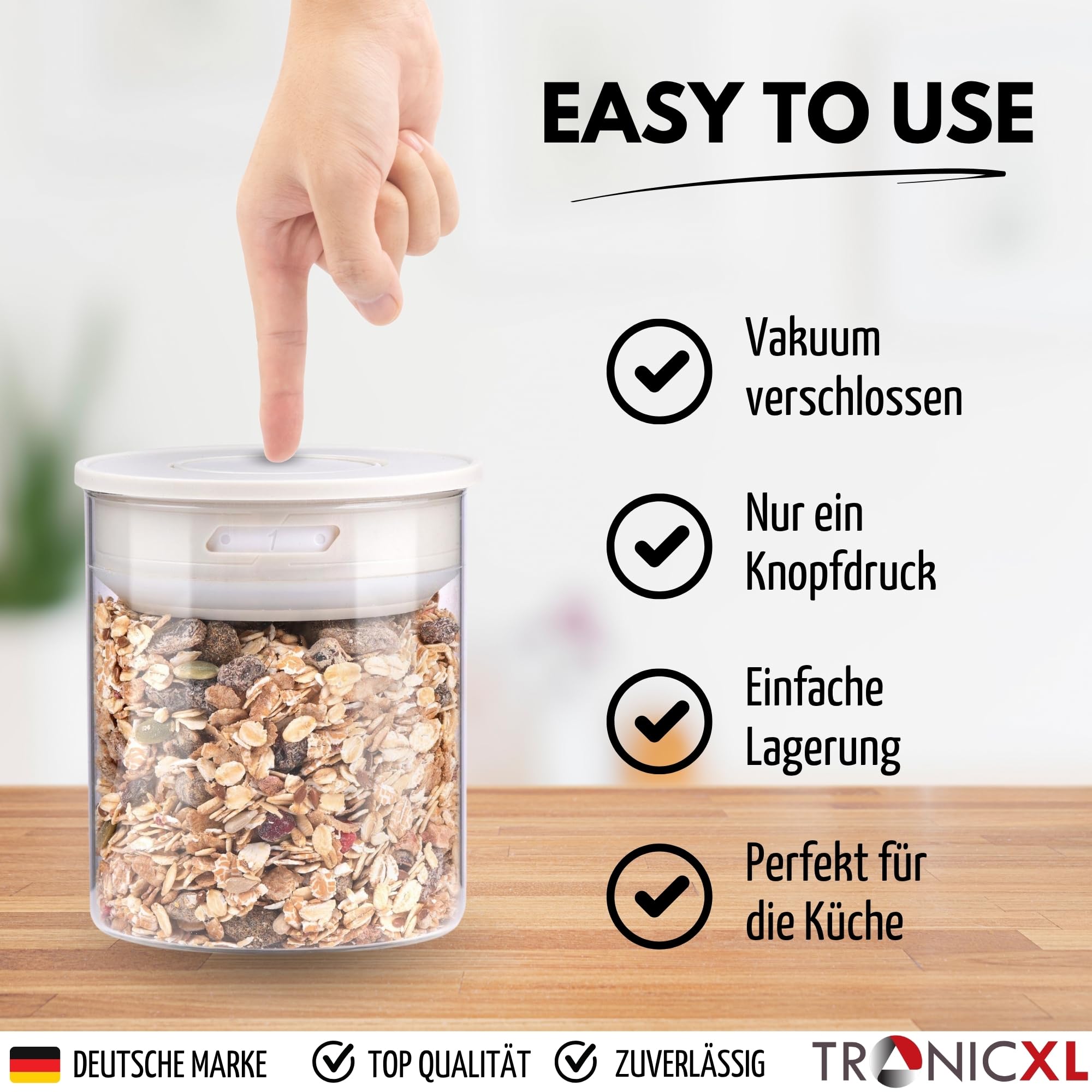 TronicXL Zestaw 2 słoików do przechowywania, 700 ml, próżniowe szkło borokrzemowe, 0,7 l, hermetyczne, szklane pojemniki z pokrywką z zamknięciem próżniowym, do kuchni, gospodarstwa domowego, żywności