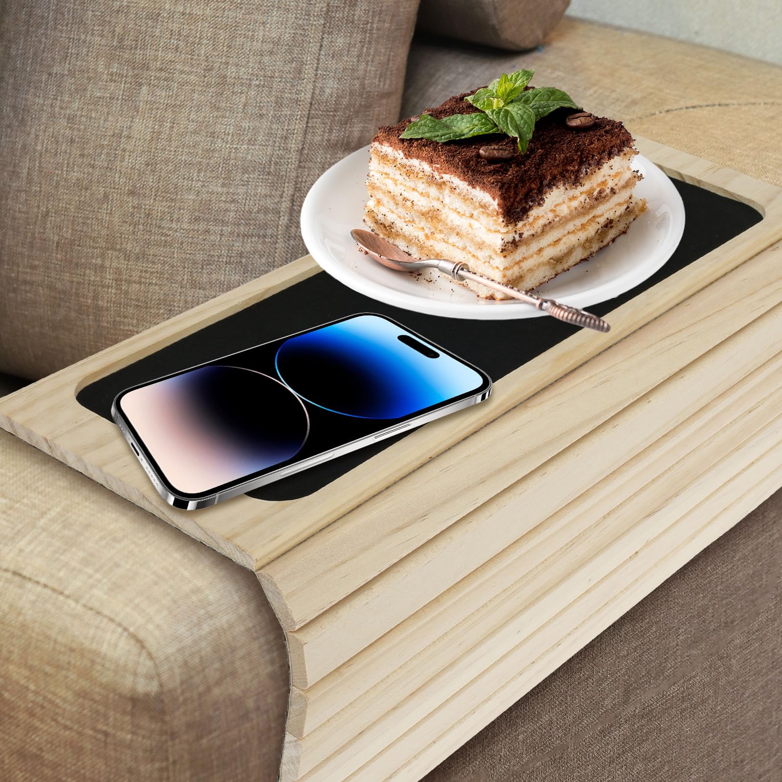 Sofa Arm Tray, Foldable Couch Tray Wooden Armrest Tray with with Non-Slip Backing, Stable Couch Protector Tray for Drink, Snacks, Magazine and Remote (wood color)