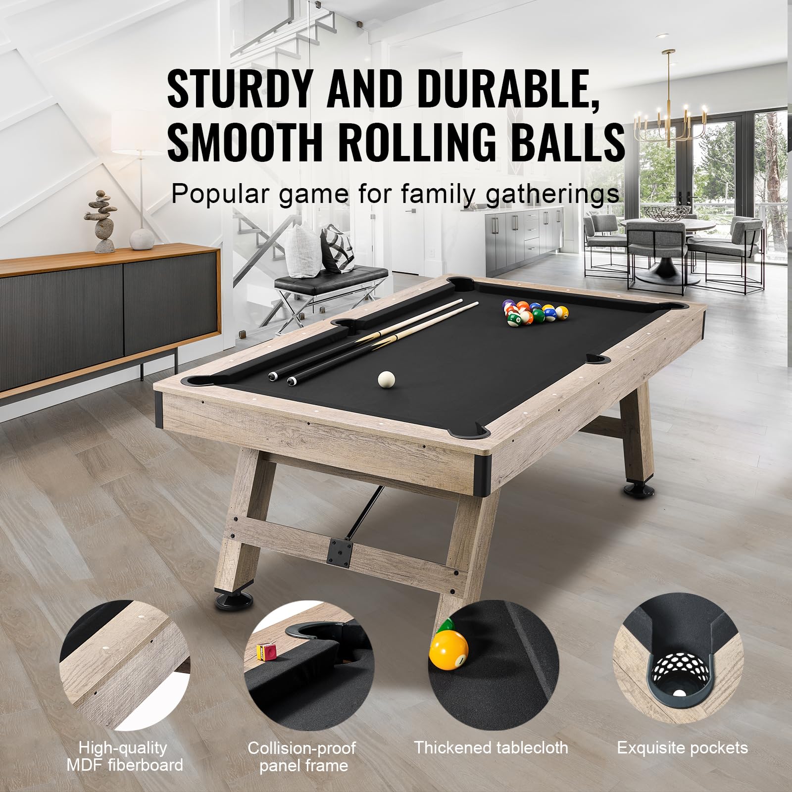 VEVOR Table de Billard 213,4 cm, Kit de Billard Pieds Réglables, Ensemble d'Accessoires Complets avec Balles, Queues, Craies et Brosse, Couleur Bois avec Tissu Noir, pour Domicile, Club, Café-Bar