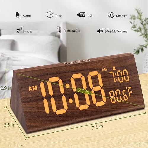 Miniatura 7 de DreamSky Reloj despertador digital de madera para dormitorio, reloj eléctrico de 7.7 pulgadas con puerto USB, números grandes, temperatura,