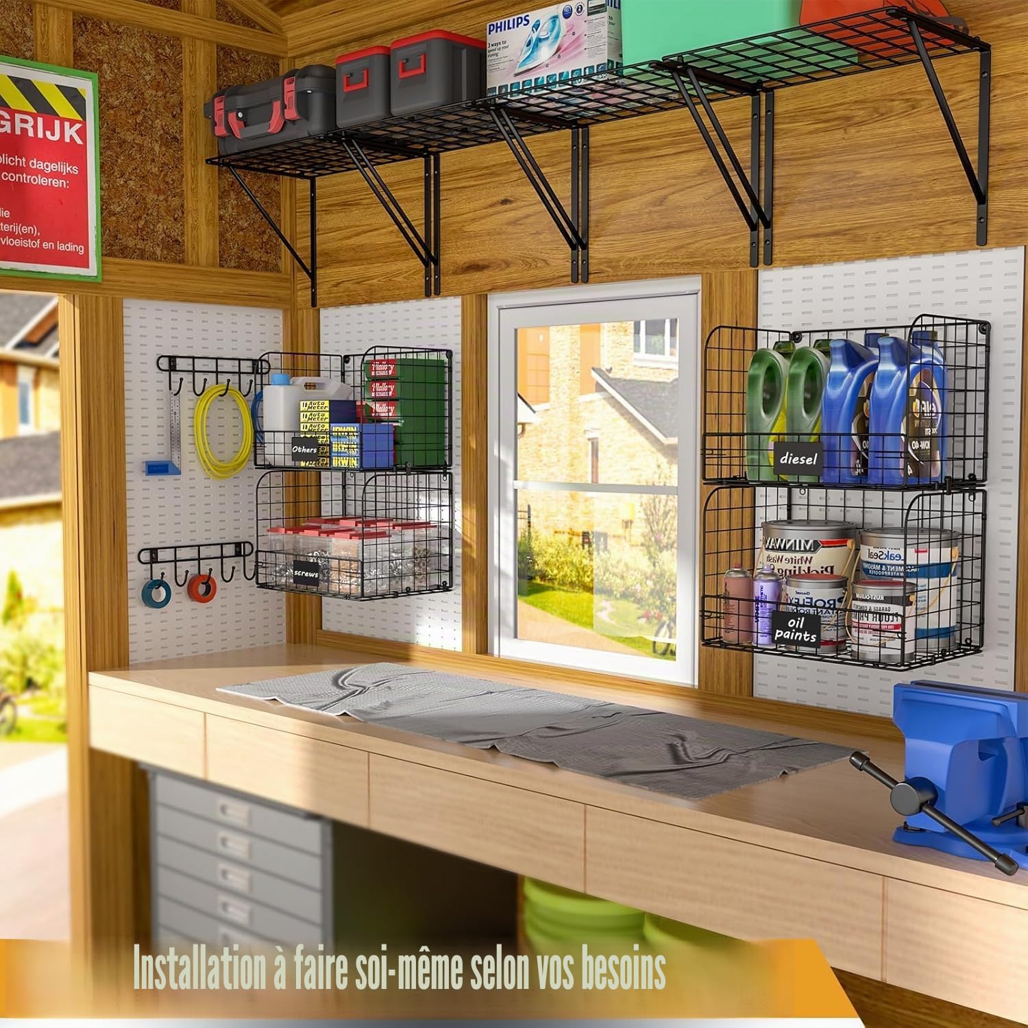 Lot de 2 étagères de garage à fixation murale avec paniers en fil métallique - Robuste - Avec crochets - Pour la maison, le jardin, le garage