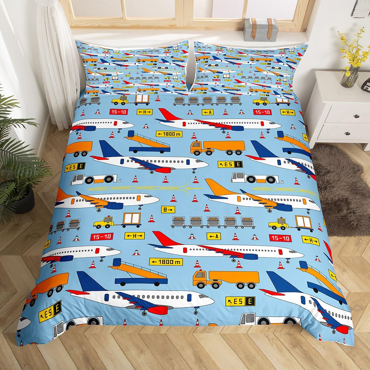 Homemissing Aircraft Bedding Set Kids Cartoon Airplane Flying Comforter Cover Set for Boys Girls Travel Airport Plane Duvet Cover Breathable Blue Bedspread Cover Room Decor Quilt Cover Super King